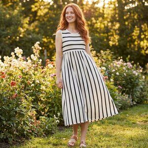 Casual, Long, White Summer Dress, A Line Dress, Sleeveless Striped Dresses with